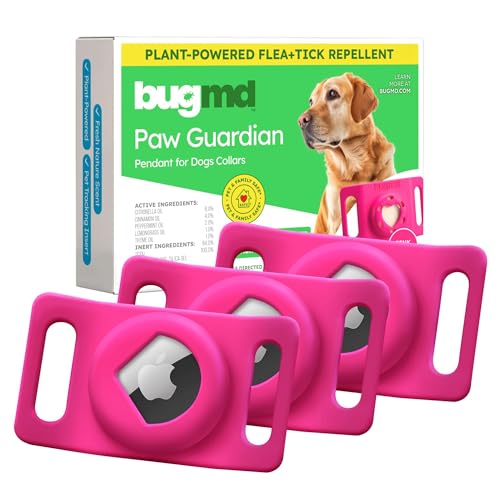 BugMD Paw Guardian Flea & Tick Pendant (3-Pack) with AirTag Holder – Plant-Based Flea & Tick Prevention for Dogs – Pet Collar Tag & GPS Tracker Holder for Dogs – Pink - color: Pink, size: 3 Pack