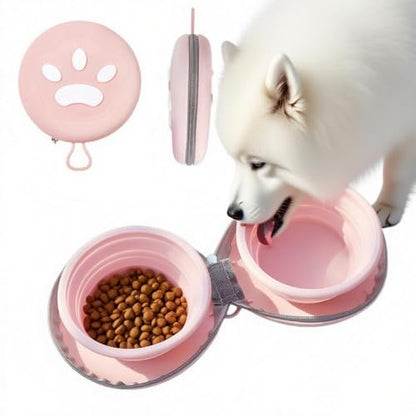 Bear Paw Foldable Pet Bowl, Dual Bowl Design for Food and Water,6.1in，Pink,Orange and Beige (Pink) - color: Pink