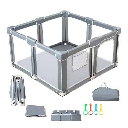 CAPAKIDS Foldable Baby Playpen 50"x50" with Mat, Out-of-The-Box Ready Playpen for Babies and Toddlers, Portable Play Yard with Breathable Mesh & Gates, Storage Bag & 4 Handlers for Indoor & Outdoor - size: 50"x50" with Mat