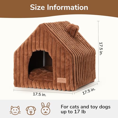 FUKUMARU Cat Houses for Indoor Cats, Washable Cute Cat Bed Cave with Removable Pillow, Large Semi-Enclosed Cozy Dog House Indoor, Soft Faux Rabbit Fur Kitten Bed, 17.5-Inch Durable Cat Hideaway, Brown - color: Brown