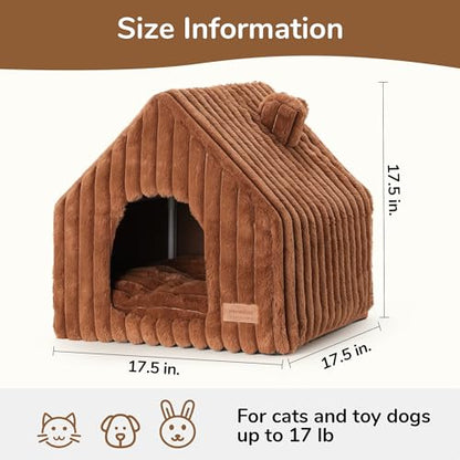 FUKUMARU Cat Houses for Indoor Cats, Washable Cute Cat Bed Cave with Removable Pillow, Large Semi-Enclosed Cozy Dog House Indoor, Soft Faux Rabbit Fur Kitten Bed, 17.5-Inch Durable Cat Hideaway, Brown - color: Brown