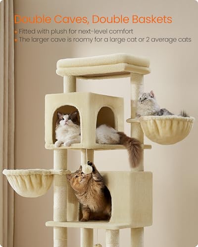 Feandrea Cat Tree, 69-Inch Tall Cat Tower, Multi-Level Plush Condo with 2 Caves, 2 Baskets, 5 Scratching Posts, Self-Groomer, Perch, Hammock, Sand Beige UPCT182Y01 - color: Sand Beige