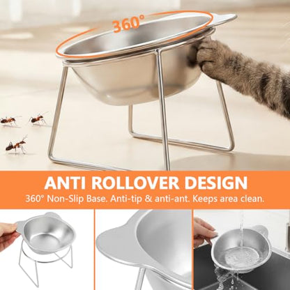 2 Pack Elevated Cat Bowls, 15° Tilted Stainless Steel Raised Cat Dishes for Food and Water, Whisker-Friendly Design with Non Slip Base and Scoop for Small Cats and Dogs