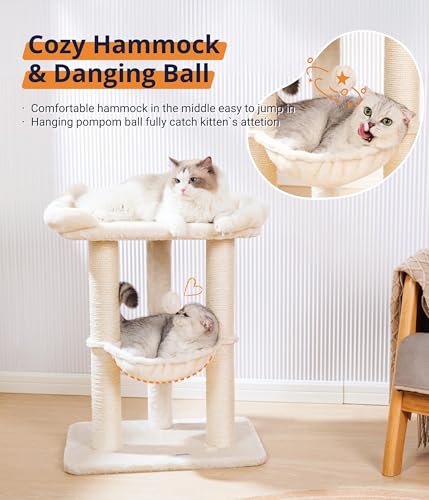 Happi N Pets 28" Cat Tree, Large Bed for Big Cats, Small Cat Tower with Soft Perch for Window Viewing, Stable Cat Tree Tower, Cat Scratching Post with Hammock, Removable Cover-Beige - color: Beige
