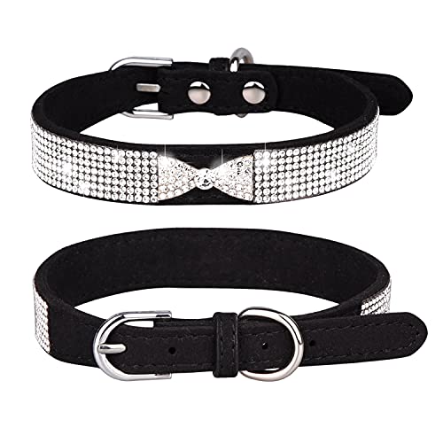 Rhinestone Dog Collar, Cute Dazzling Sparkling Soft Suede Leather Adjustable Pet Dog Cat Collar Crystal Diamond for Puppy Small Medium Large Dogs (XS:21 - 27 cm, Black-2) - color: Black-2, size: XS:21 - 27 cm