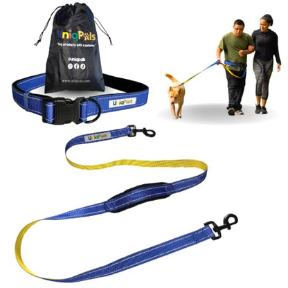 Hands-Free Leash for Small to Large Dogs 5ft - Heavy Duty Adjustable Waist Belt, Padded Handles, Reflective Stitching, Satin Carry Bag for Walking, Running, Hiking - color: Blue/Yellow