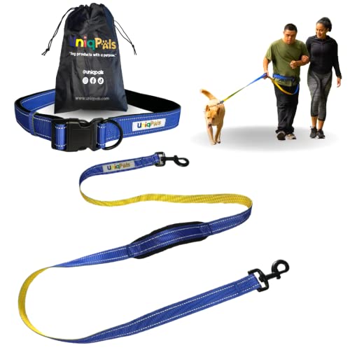 Hands-Free Leash for Small to Large Dogs 5ft - Heavy Duty Adjustable Waist Belt, Padded Handles, Reflective Stitching, Satin Carry Bag for Walking, Running, Hiking - color: Blue/Yellow