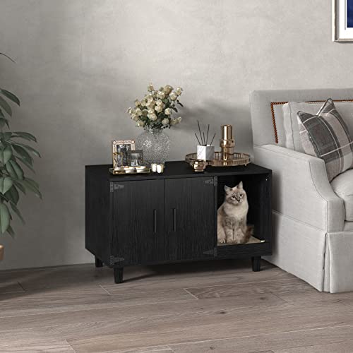 GDLF Modern Wood Pet Crate Cat Washroom Hidden Litter Box Enclosure Furniture House as Table Nightstand with Scratch Pad,Stackable (Black) - color: Black