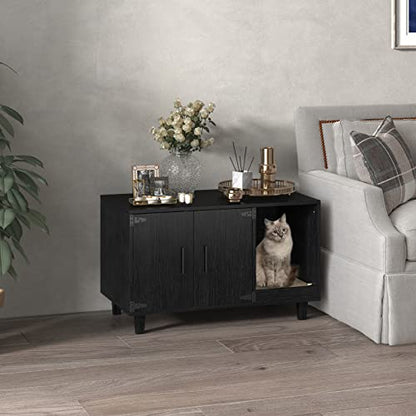 GDLF Modern Wood Pet Crate Cat Washroom Hidden Litter Box Enclosure Furniture House as Table Nightstand with Scratch Pad,Stackable (Black) - color: Black