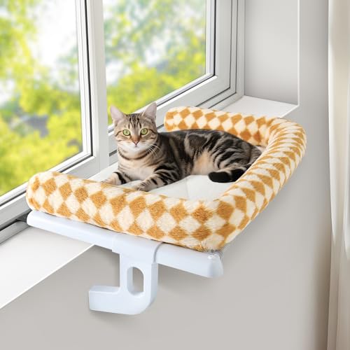 Cat Window Perch Hammock Sturdy Windowsill Bed Seat for Large Cats No Drilling No Suction Adjustable Kitty Shelf with Washable Cover Easy Assembly Holds up to 40 lbs 22.05 * 15 in (Brown, S) - color: Brown, size: 22.05x15in