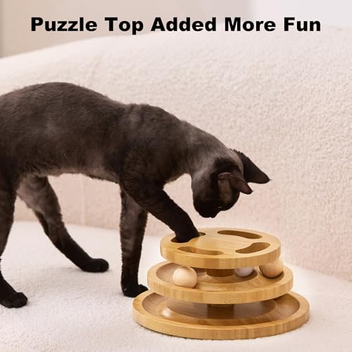 ZOMISIA Cat Ball Track Toy with Puzzle Top and DIY Bell, Wooden Cat Toys for Indoor Cats, Interactive Kitty Ball Tower for Kitten Exercise Mental Physical - size: Medium Size