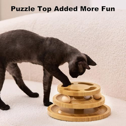 ZOMISIA Cat Ball Track Toy with Puzzle Top and DIY Bell, Wooden Cat Toys for Indoor Cats, Interactive Kitty Ball Tower for Kitten Exercise Mental Physical - size: Medium Size