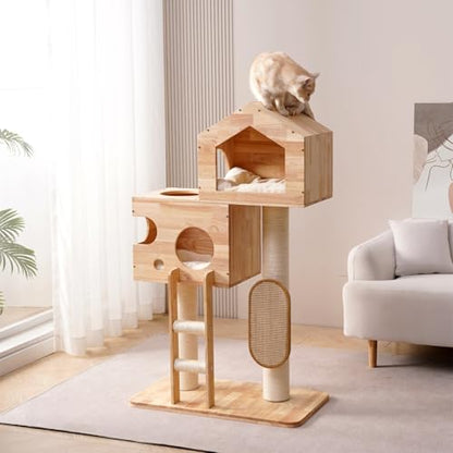 SHENGOCASE Modern Real Solid Rubber Wood Large Cat Tree Tower Castle with Big Enclosed Bed, House Condo, Scratching Post and Sisal Scratcher with Ladder for Multiple Cats