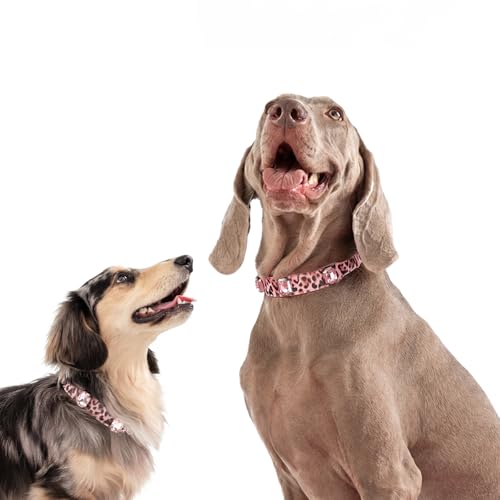 Luxury K9 Crystal Dog Collar -Waterproof Wear-Resistant Microfiber Leather with Hand-Set Rhinestone Gems, Durable Metal Buckle, Adjustable Bling Collar for Small Medium Large Dogs (Pink Leopard, L) - color: Pink Leopard, size: L(FIT,NECK:14.5"-18")