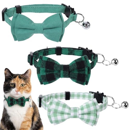 3pcs Bow Tie Cat Collar with Bells, Breakaway Bowtie Plaid Cat Collar, Soft Adjustable Bow Cats Collars for Kitten Puppy and Small Pets(Green) - color: dark green