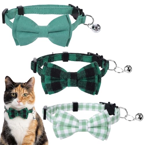 3pcs Bow Tie Cat Collar with Bells, Breakaway Bowtie Plaid Cat Collar, Soft Adjustable Bow Cats Collars for Kitten Puppy and Small Pets(Green) - color: dark green