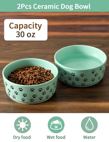 UBEE 6.5 inch Dog Bowls Set of 2, Ceramic Dog Food Water Bowl Dish with Paw Pattern, Pet Food Water Dishes Feeding for Small and Meidum Dogs and Large Cat, Green - color: Green-paw, size: 6.5 inch x 2