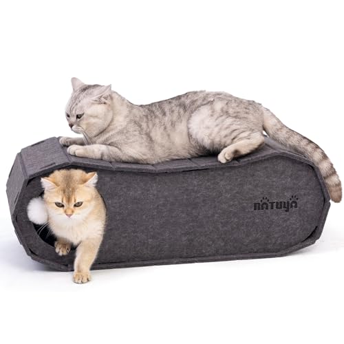 NATUYA Cat Bed Cave for Indoor Cats, Large Cat Lounge Cave Bed with Toy Ball, Enclosed Scratch Resistant Detachable Felt Cat Hideaway Bed for Cats up to 22 Lbs