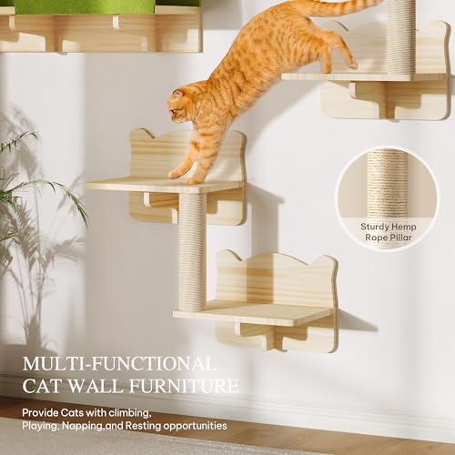 Cat Wall Shelves with Tunnel, 7-in-1 Solid Wood Wall Mounted Cat Furniture with Scratching Post, Cave & Steps, Multi-Level Cat Climbing Wall Systems, Space Saving, Floating Cat Shelves - color: Burlywood, size: 7-in-1