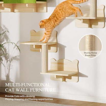 Cat Wall Shelves with Tunnel, 7-in-1 Solid Wood Wall Mounted Cat Furniture with Scratching Post, Cave & Steps, Multi-Level Cat Climbing Wall Systems, Space Saving, Floating Cat Shelves - color: Burlywood, size: 7-in-1