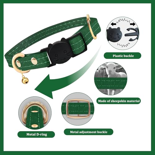 Cat Collar Breakaway with D-Ring and Safety Buckle, Adjustable, Soft Sheep Leather and Lightweight for Kittens and Small Pets(Neck Fit 7.5"-11", Green) - color: Green（7.5" - 11"）
