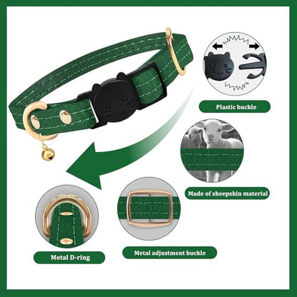 Cat Collar Breakaway with D-Ring and Safety Buckle, Adjustable, Soft Sheep Leather and Lightweight for Kittens and Small Pets(Neck Fit 7.5"-11", Green) - color: Green（7.5" - 11"）