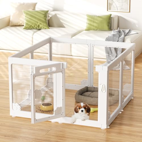 24” Acrylic Clear Dog Play Pen Indoors 8 Panels, Puppy Playpen with Door for Small Dogs Puppies, Transparent Plastic Pet Playpen Cage Fence Crate Kennel for Cat Kitten Rabbit Bunny Ferret etc - color: White- 8 Panels