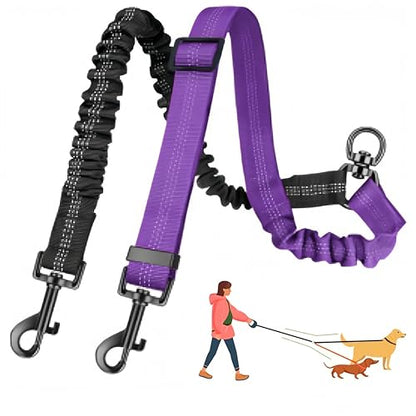 3-in-1 Double Dog Leash for Two Dogs, Adjustable Dual Leash with 360° Swivel & Bungee Shock Absorption, No-Tangle Reflective Coupler,for Walking, Running, Training (Black+Purple) - color: Black+Purple
