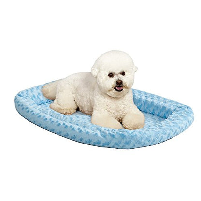 MidWest Homes for Pets Medium QuietTime Double Bolster Pet Bed, Blue Plush 30-Inch Crate Mat with Stacked Bolsters, Machine Washable, Secure Fit with Elastic Straps - color: Blue Plush, size: 30-Inch