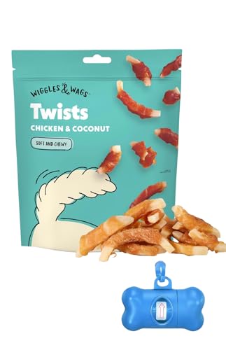 Wiggles & Wags Twists Dog Treats, Chicken and Coconut Flavor, 10 oz, with DN Essentials Bone-Shaped Waste Bag Dispenser & Roll