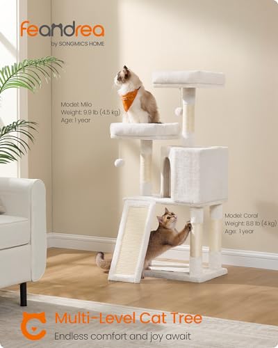 Feandrea Cat Tree, 45.3-Inch Cat Tower, Plush Condo with Scratching Post, Ramp, Perch, Spacious Cave, for Small Space, Cream White UPCT141W02 - color: Cream White