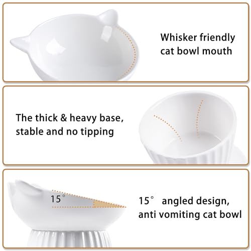 Ceramic Raised Cat Bowl，Tilted Raised Cat Bowl Anti Vomit Cat Bowls for Indoor Cats Whisker Friendly Pet Feeder for Cats Puppies, Microwave and Dishwasher Safe - color: White