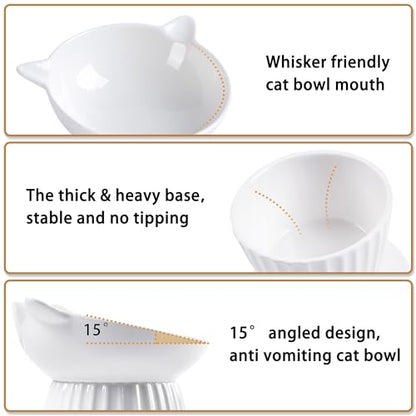 Ceramic Raised Cat Bowl，Tilted Raised Bowl Anti Vomit for Indoor Cats Whisker Friendly Pet Feeder for Cats Puppies, Microwave and Dishwasher Safe (White-2 Pack) - color: White-2 Pack
