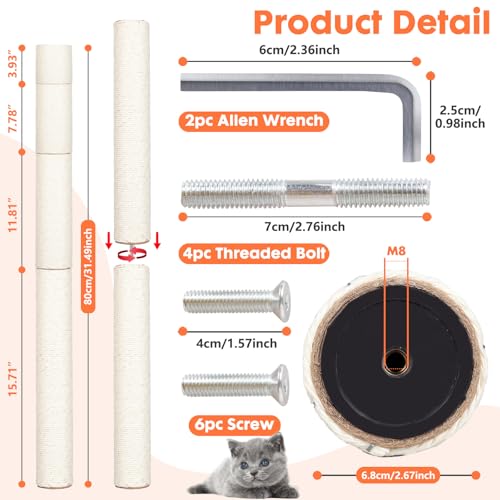 PowerKing Natural Sisal Replacement Scratching Post, 4 Pieces M8 Cat Scratch Post Refill Pole Parts for Refurbishment, White, Include Screws, White, 15.74''+11.88''+7.87''+3.93'' - color: White, size: 15.7''+11.8''+7.87''+3.93'' (2.67''Thick)