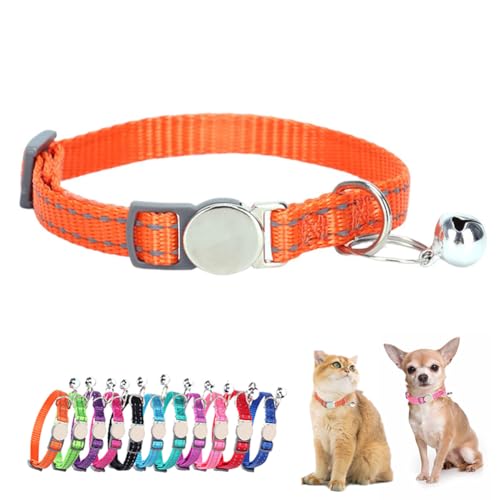 Orange Cat Bell Collar Reflective, Soft Nylon Break Away Kitten Collar with Bells, Breakaway Puppy Collar for XXS Xs Small Dogs, Neck 7-11 Inch - color: Orange