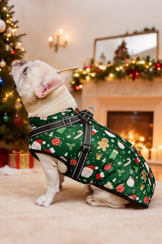 Dog Jackets for Winter Windproof Waterproof Vest Fleece Warm Dogs Coat with Belt Christmas Green XL - color: Christmas Green, size: X-Large
