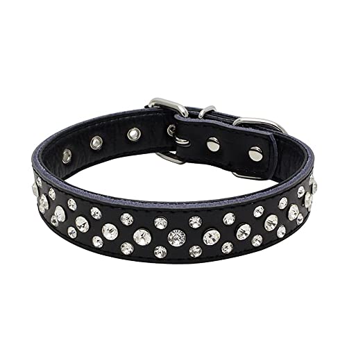 Rhinestones Dog Collar, Adjustable Sparkly Crystal Studded Genuine Leather Pet Dog Collar for Small and Medium Dogs (S, Black) - color: Black, size: Small