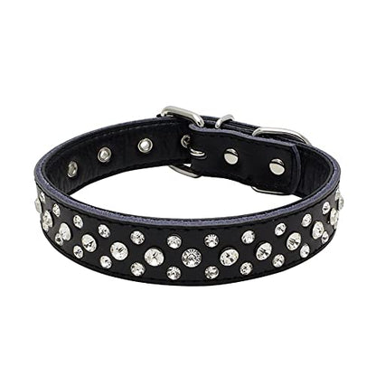 Rhinestones Dog Collar, Adjustable Sparkly Crystal Studded Genuine Leather Pet Dog Collar for Small and Medium Dogs (M, Black) - color: Black, size: Medium