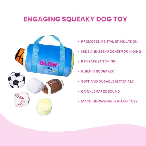 Glow Pups Dog Toy Sports Bag Hide and Seek Interactive Dog Toy with 6 Plush Squeaky Balls, Crinkle 10 Inches Long, Soft Plush, Blue and Yellow Sports Bag with Basketball, Soccer and Football - style: Sports Bag with Basketball, Soccer and Football Plush D