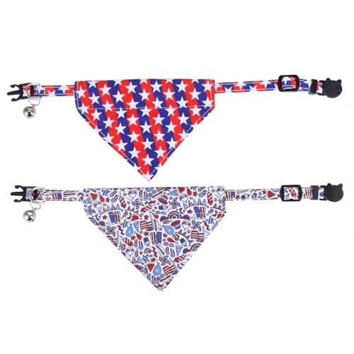 American Flag Cat Collar with Bell Bandana Star Adjustable 4th of July Breakaway Kitten for Independence Day - color: 4th of July-2-bandana