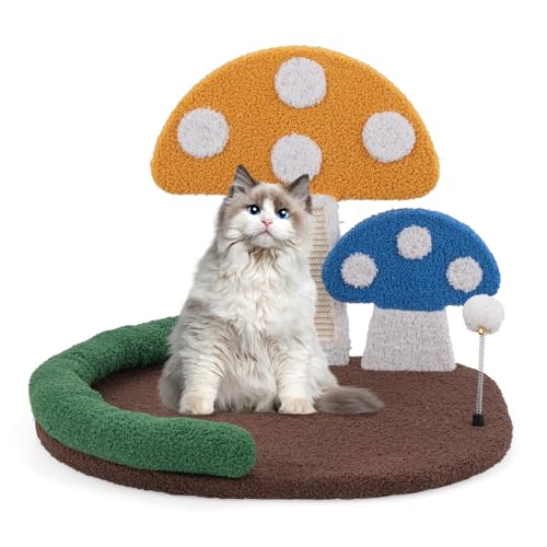 Tangkula Mushroom Cat Bed, Cat Claw Scratcher with Wide Large Platform, Sisal Scratching Panel, Spring Ball, PP Cotton Padded Headrest, Cat Tree House with Interactive Toys for Kittens - size: 17 Inch