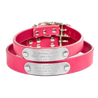 Handmade Personalized Bridle Leather Dog Collar, Engraved Stainless Steel Nameplate (Pink) - color: Pink