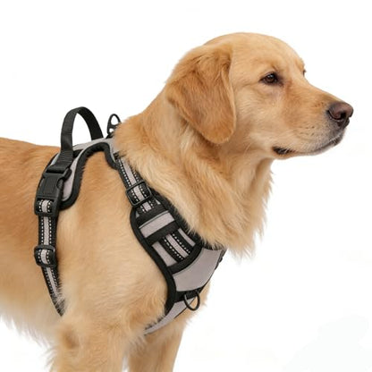 Gray No-Pull Dog Harness with 2 Leash Clips，Soft Padded Vest for Large Dog, Adjustable Reflective Dog Vest Easy to Put on and Take Off, (Neck: 17"~24", Chest: 24"~32",Gray L) - color: Gray, size: Large
