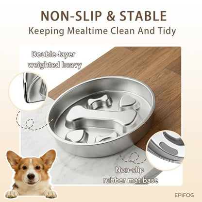 1 to 2 Cups Stainless Steel Slow Feeder Dog Bowl, Metal Slow Eating Feed Dog Bowl with Non-Slip Rubber Base, Slowfeeder for Puppies, Small and Medium Dogs Feeding - size: 1-2 Cups