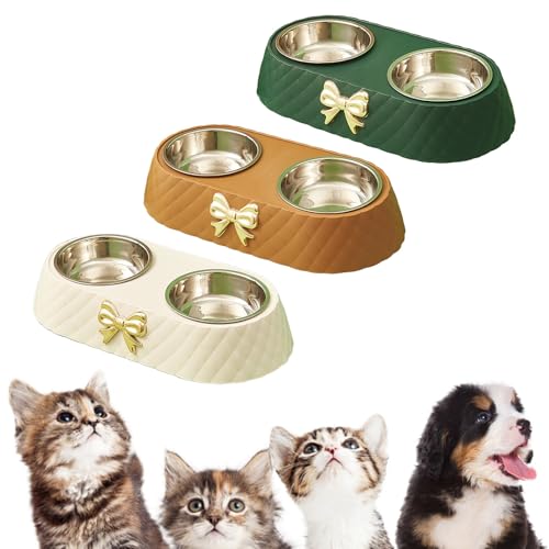 Functional Double Dog Cats Bowls, Removable Dog Bowl Set, Cute Stainless Steel Bowl with Non-Spill Plastic Mat for Rabbit Puppy Cats Small Medium Dogs Water ＆ Food (White) - color: White