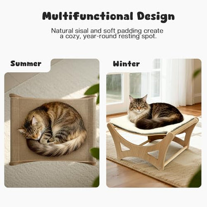 Cat Hammock Bed, Wooden Elevated Cat Beds with Natural Sisal Scratching Mat, Cats Scratcher Bed with Removable Soft Cushion, Cats Scratching Beds with Wood Frames, 22" L x 17.7" W - color: Natural Wood