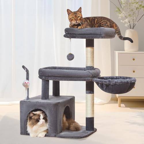 Taoqimiao MS043G Cat Tree, 32.2-Inch Cat Tower for Indoors Cats, Cat Condo with Large Cat Perch, Spacious Cat Cave, Scratching Posts for Small and Medium Cats, Smoky Gray - color: Smoky Gray