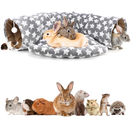 BWOGUE Bunny Tunnel Bed, 2-in-1 Collapsible Tunnel Tubes Toys with Removable Mat Hideout for Cats Kittens Rabbits Guinea Pigs Kitty (Greystar) - color: Greystar