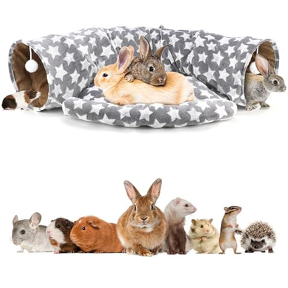 BWOGUE Bunny Tunnel Bed, 2-in-1 Collapsible Tunnel Tubes Toys with Removable Mat Hideout for Cats Kittens Rabbits Guinea Pigs Kitty (Greystar) - color: Greystar