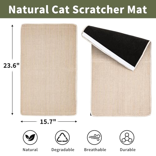 Cat Scratcher Mat, 23.6"x 15.7" Natural Sisal Cat Scratch Mat with Velcro Tape, Scratching Rug Pad for Indoor Cats, Furniture Protector, Floor Carpet, Wall Pad, M, Beige - size: 23.6"x 15.7"